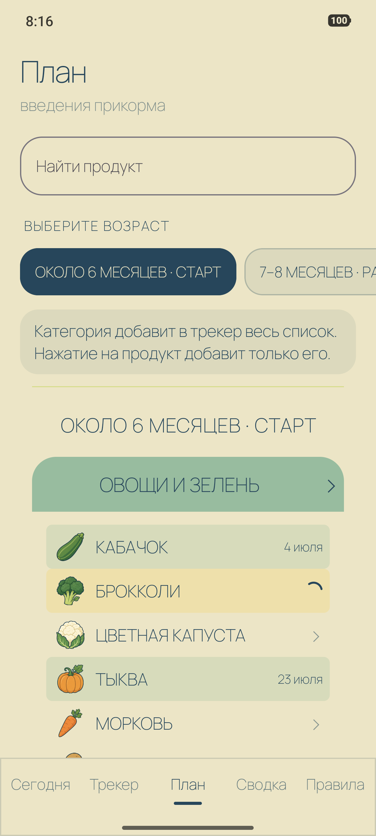 План введения продуктов